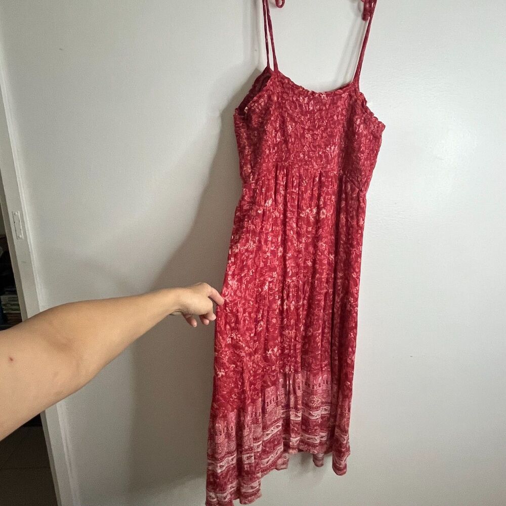 Knox Rose Paisley Smocked Tiered Dress Floral Red Ruffle Tie Straps Stretch Sz L - Picture 7 of 7